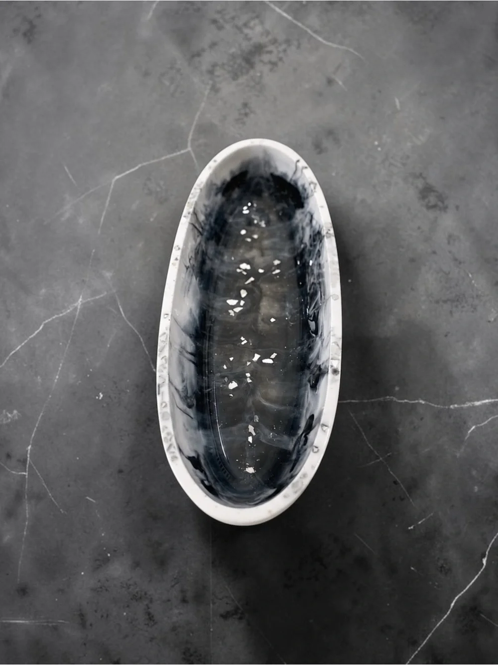 Black Marbled Oval Ceramic Soap Dish - Home Bath Vanity Tray